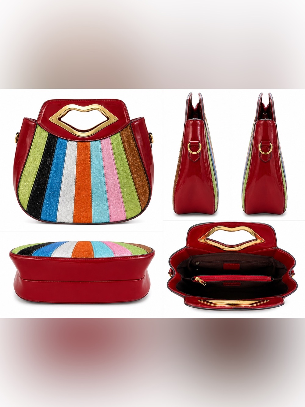 Vintage Colorful Lip Handle Shoulder Bag Multicolor Glitter Stripe Patent - Picture 8 of 8